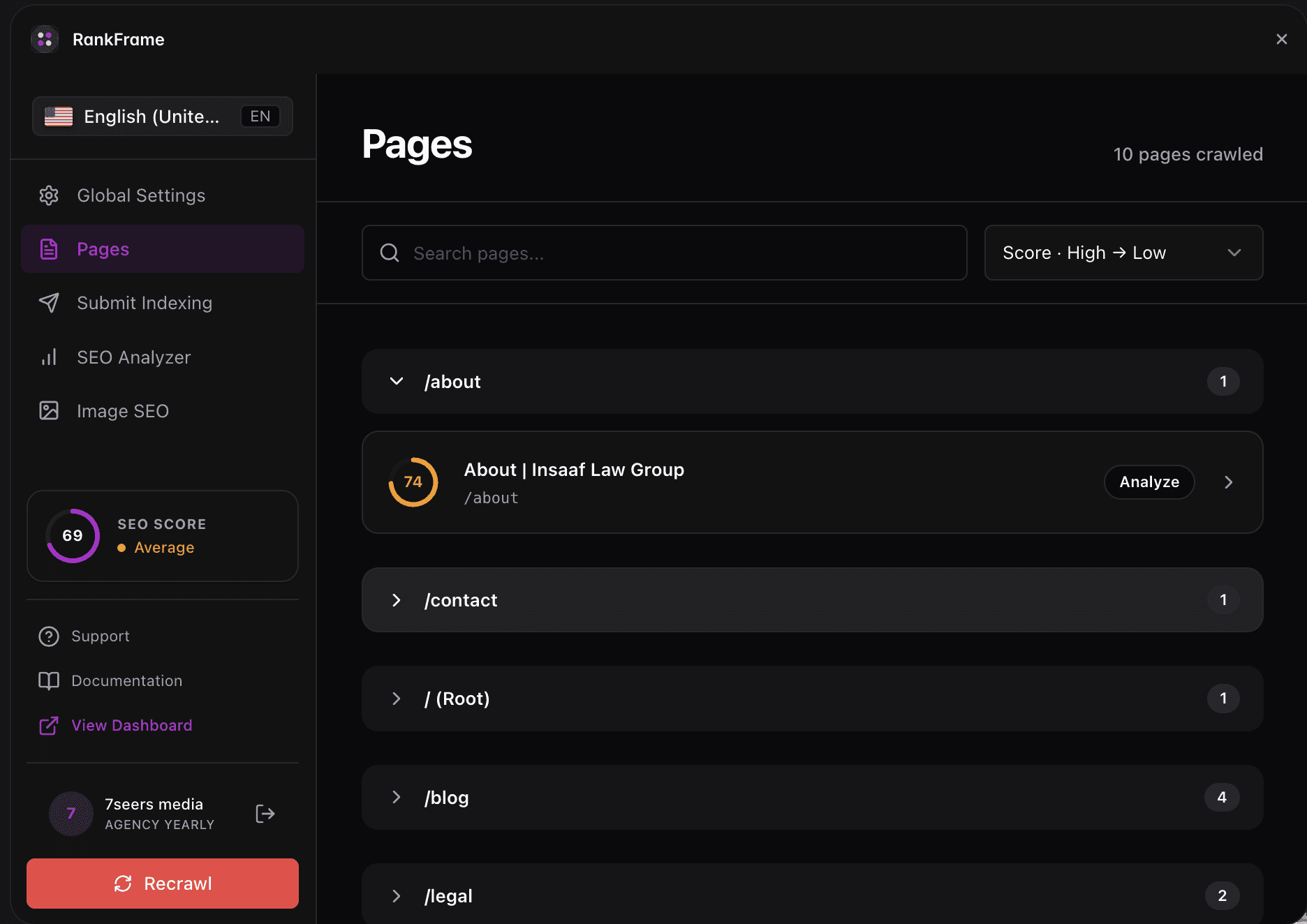 RankFrame Pages list view