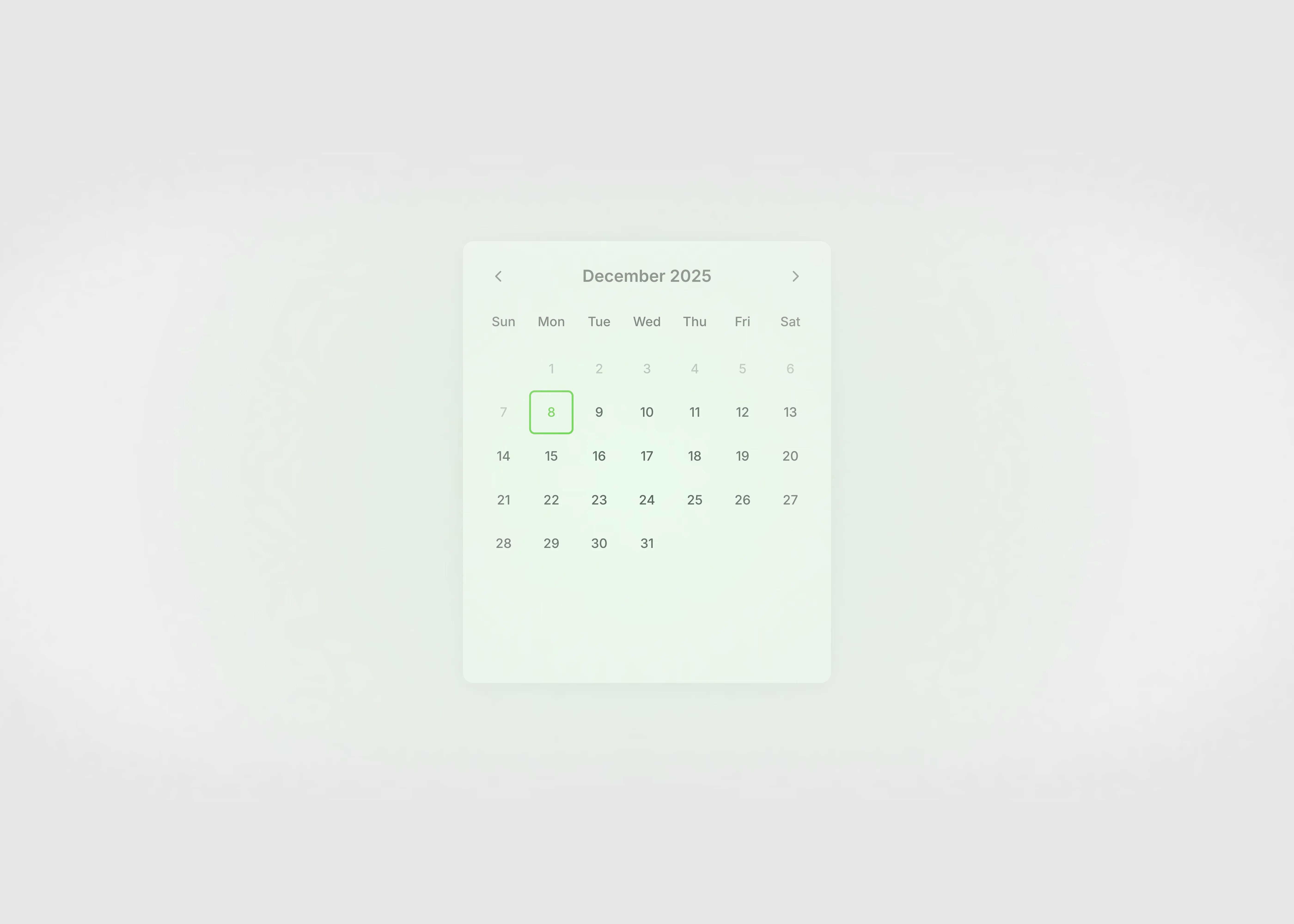 A date picker with a light background with a day highlighted.