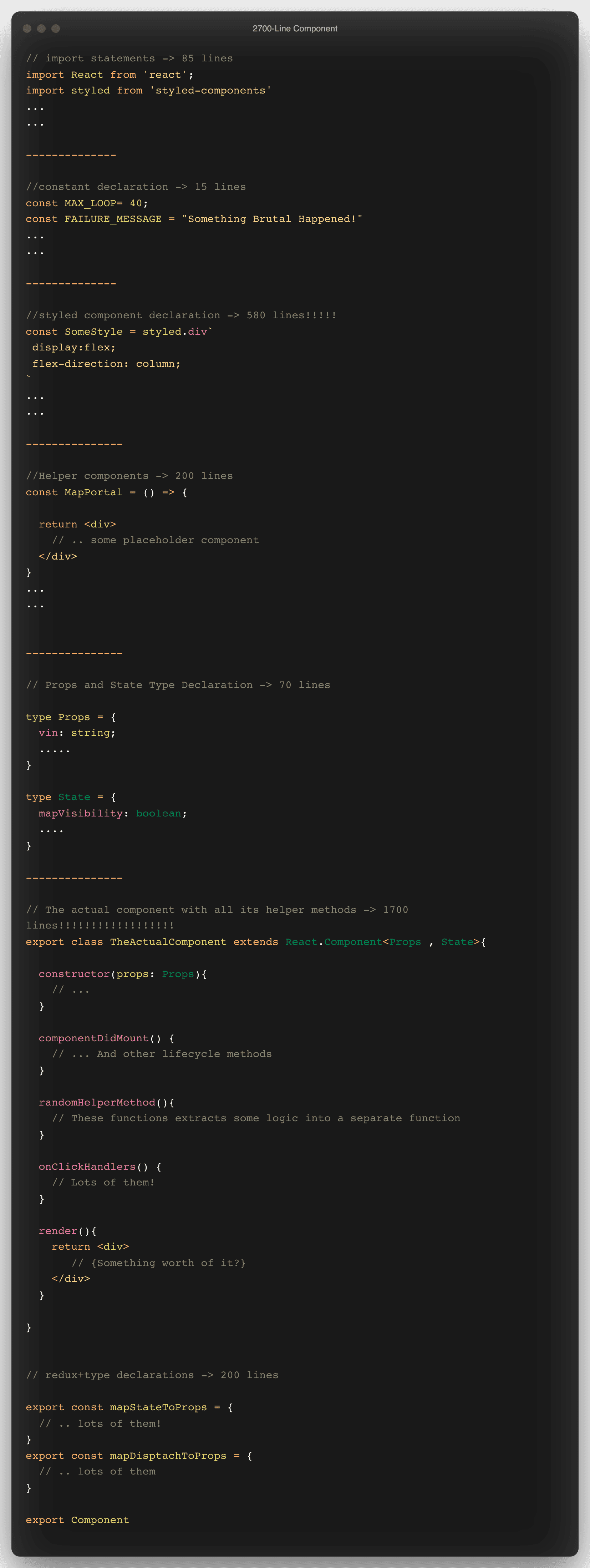 The structure of an extremely long React class component.