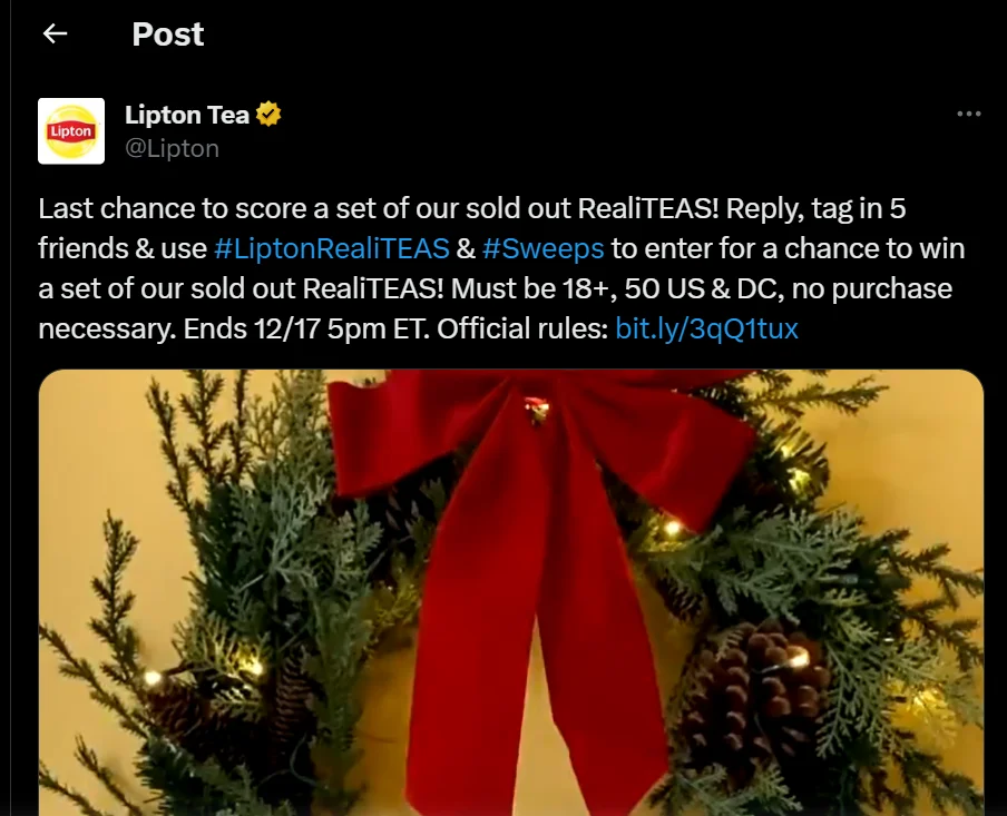 A screenshot of giveaway social media engagement posts by Lipton