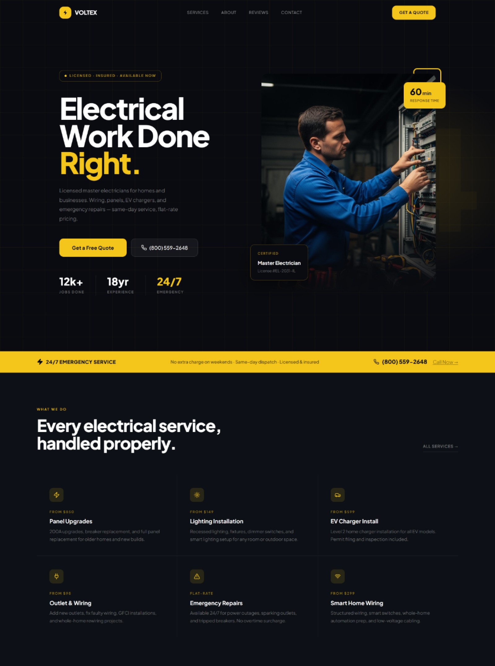 Electrician Website Prompt — dark industrial electrician website design with electric yellow accent, grid texture hero, and floating response time badge
