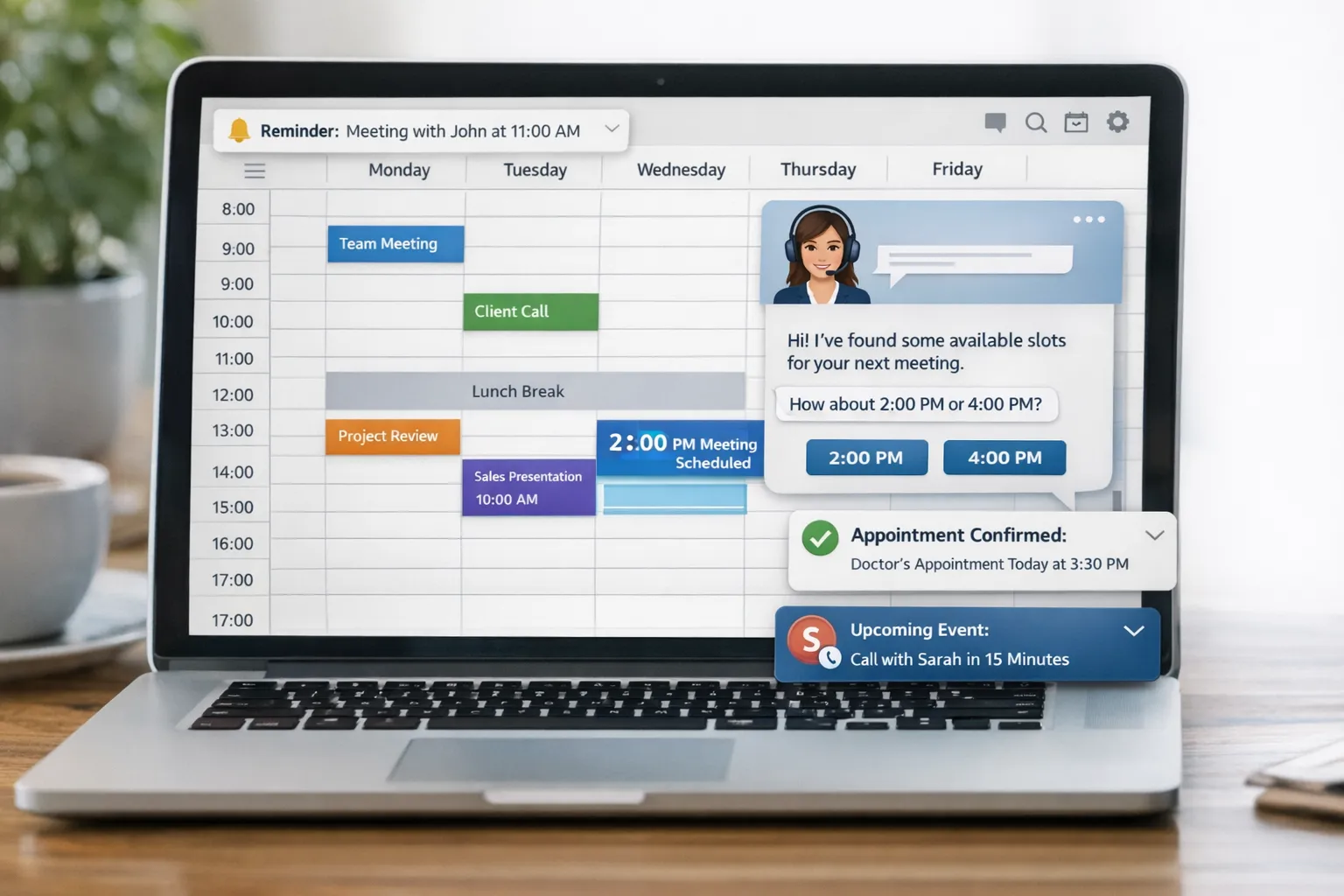 Vue d’un agenda commercial qui se remplit automatiquement, avec un agent IA proposant des créneaux et des confirmations de rendez‑vous, notifications de rappel visibles.