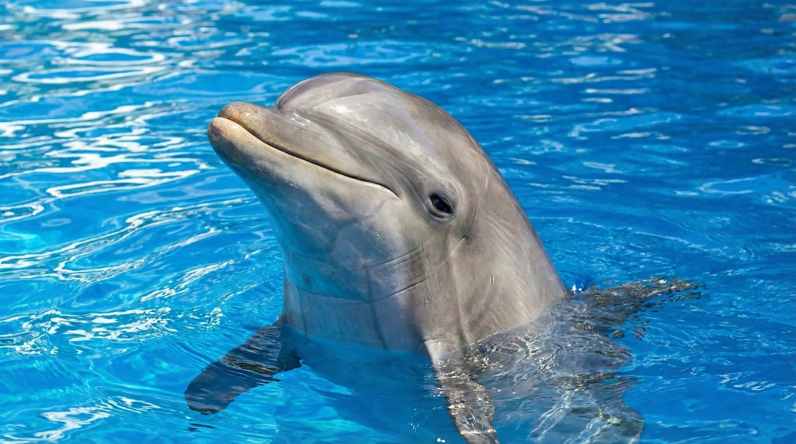 Dolphin with its head above the surface of bright blue water.