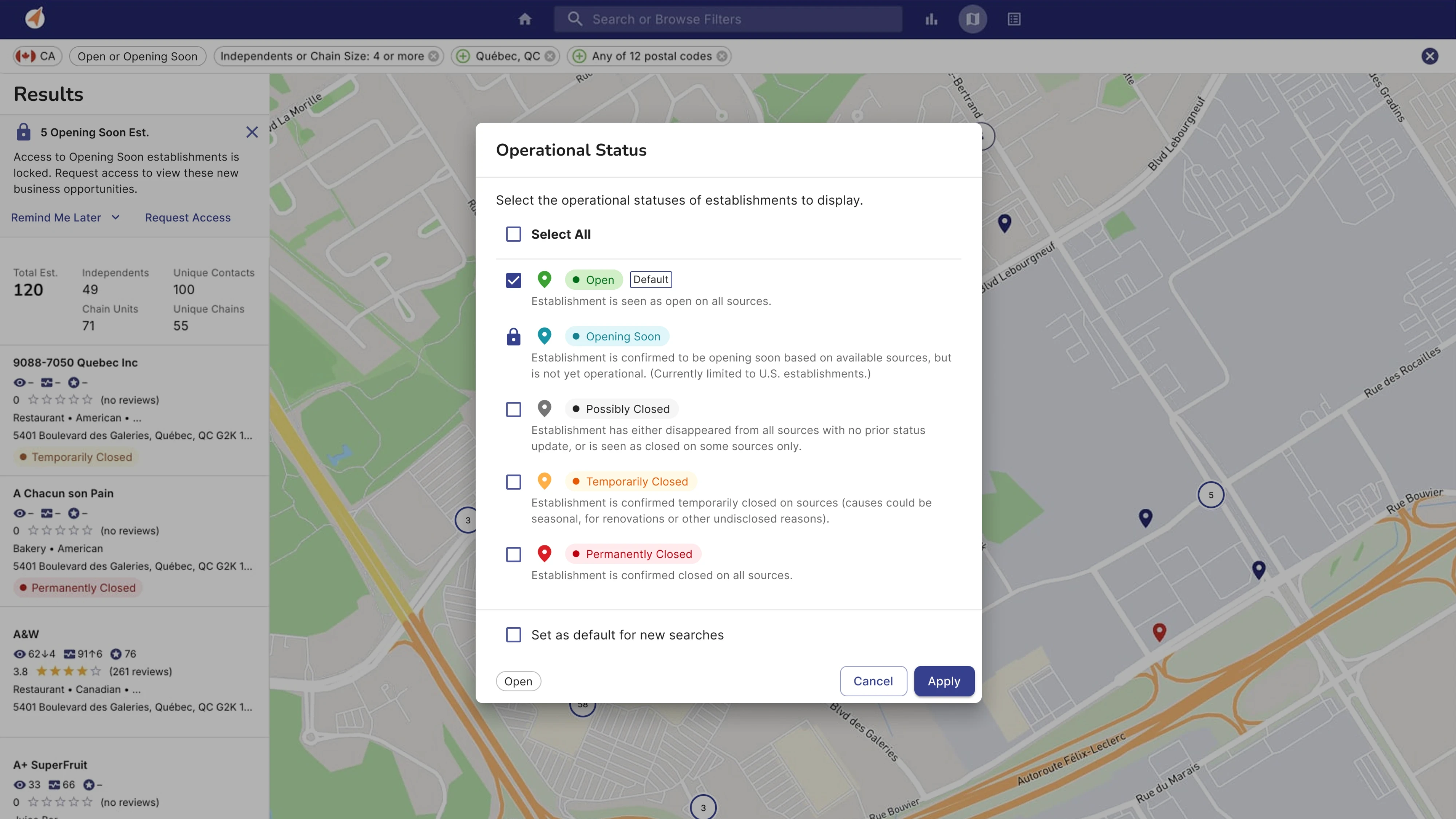 Operational Status filter including “Opening Soon” state.