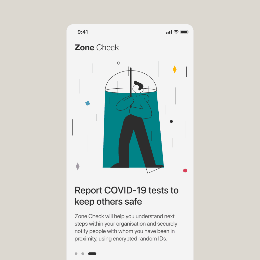 PWC Zone Check app onboarding screen showing illustrated person under protective dome with text "Report COVID-19 tests to keep others safe"
