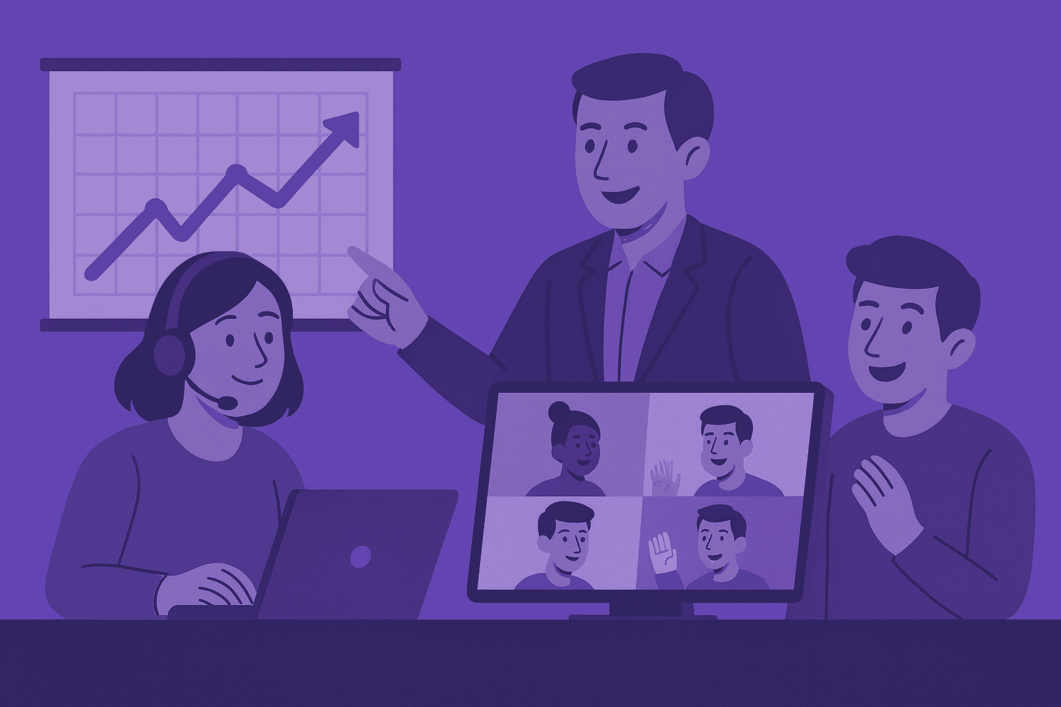 Flat-style digital illustration of remote employees collaborating from different global locations, connected through laptops and devices, representing a synchronized high-performance remote team.