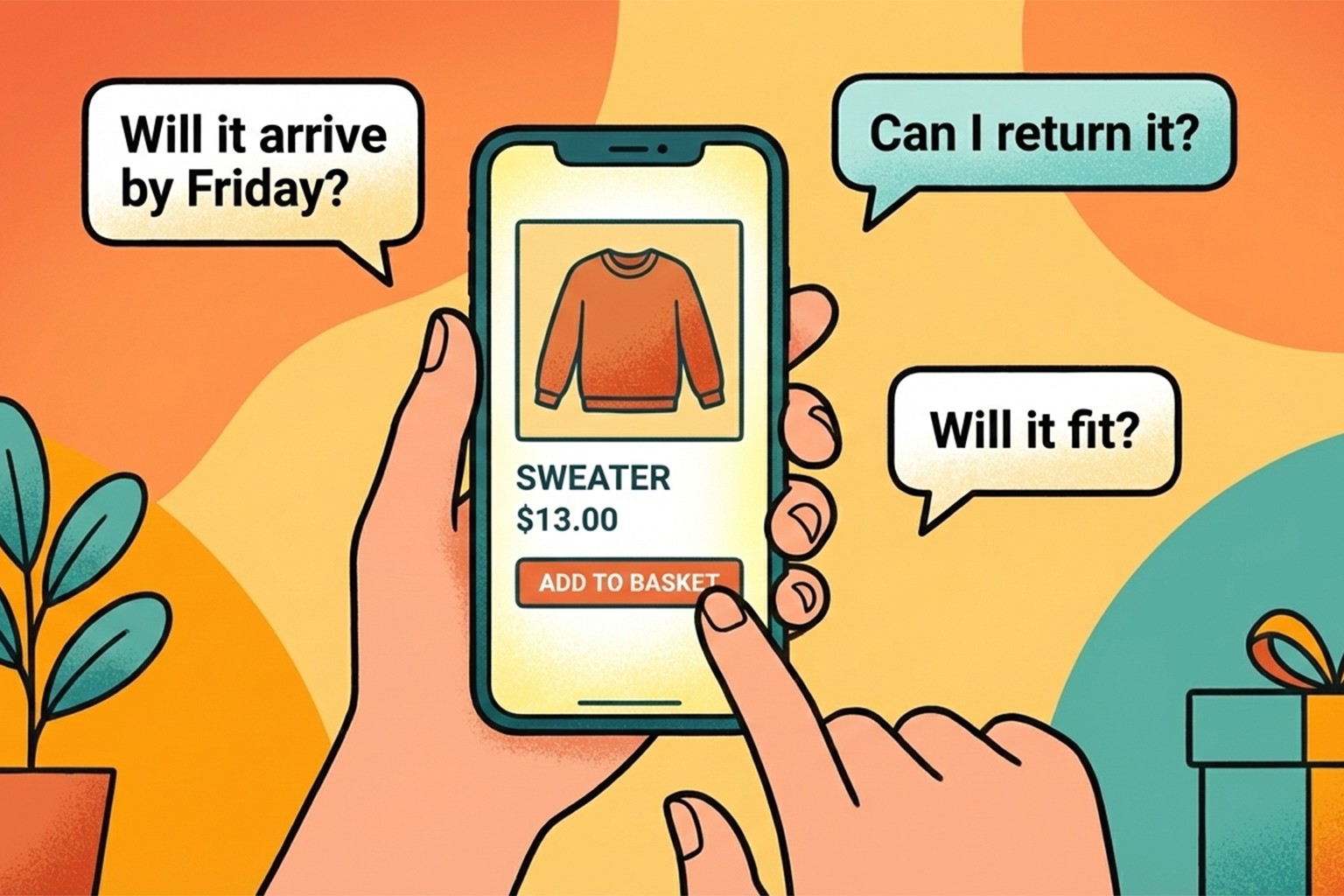 Shopper hesitating on a product page while common questions pop up in chat bubbles