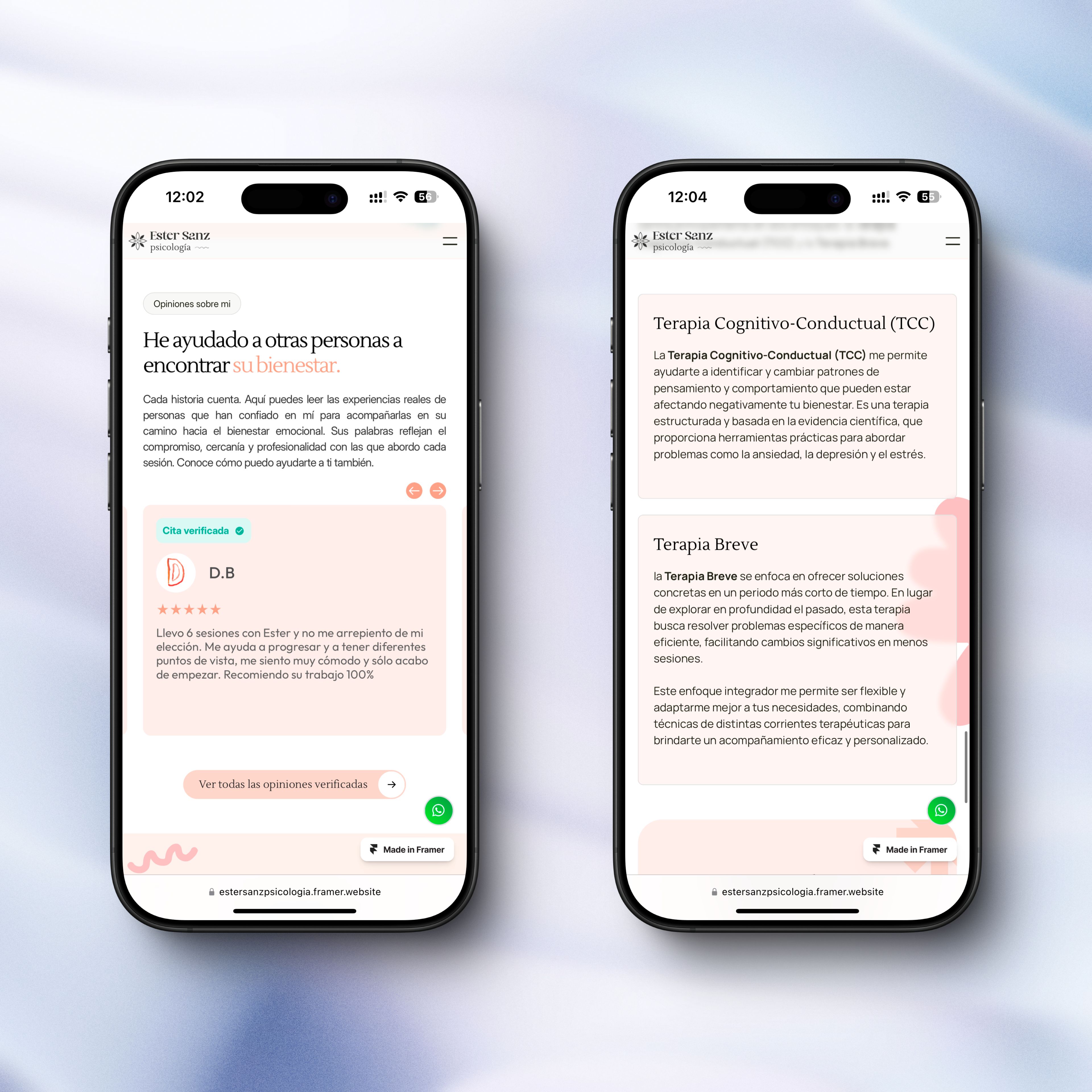 dos iPhone muestran página web psicologa, sección opiniones y sección método