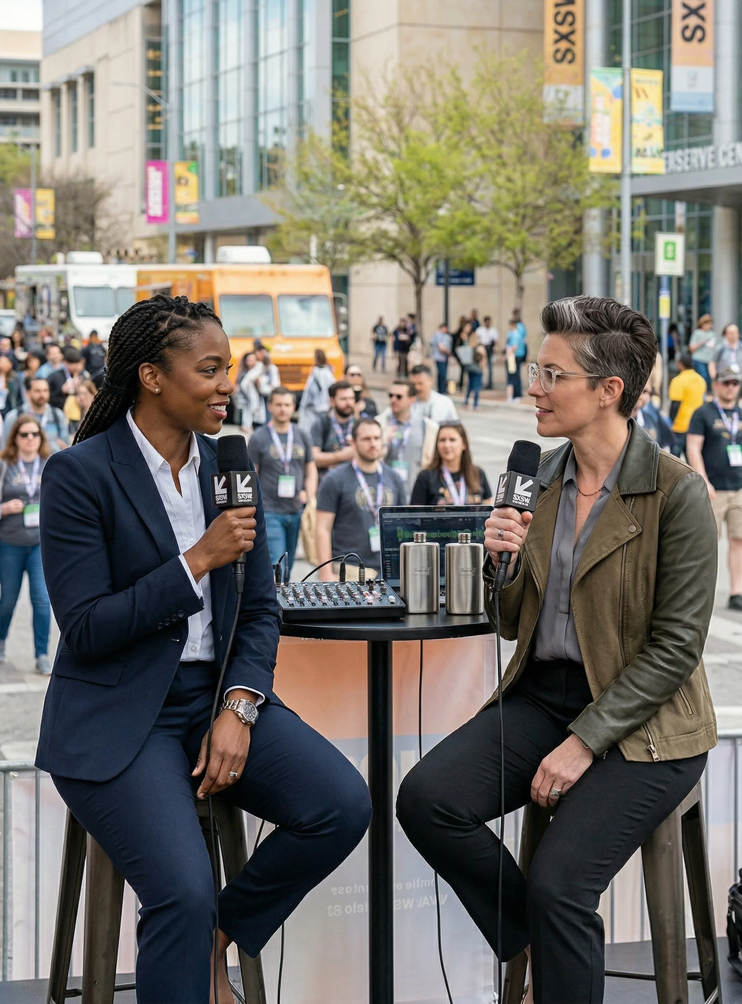 Two women in conversation at an outdoor event with a microphone and crowd in the background