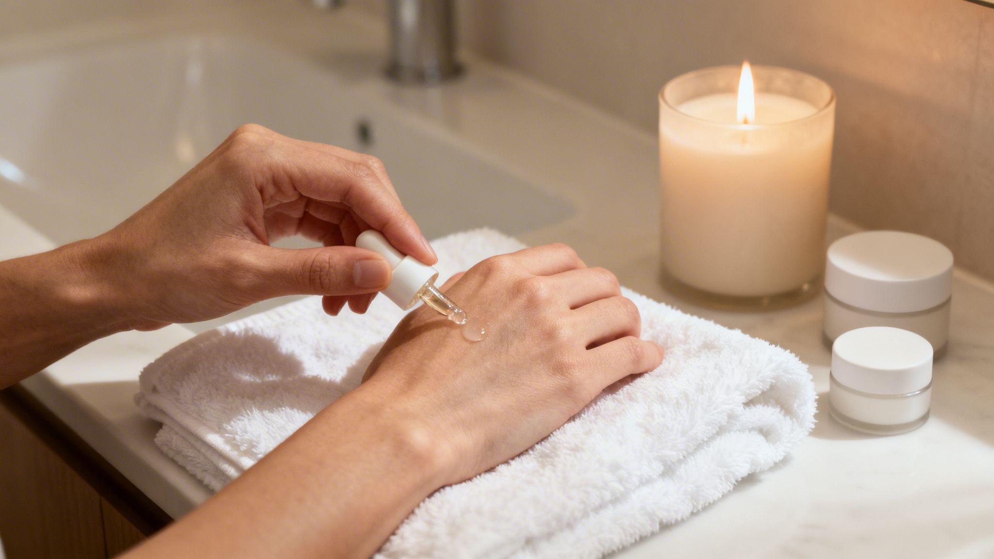 Hands applying a drop of luxurious skincare serum onto skin, with a candle and creams.