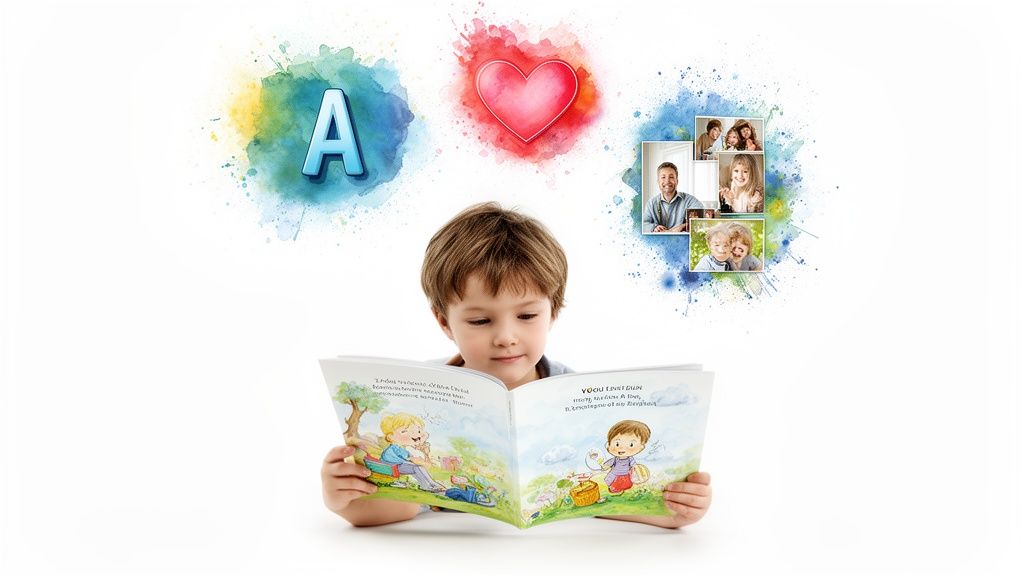 A young boy reads a colorful storybook, surrounded by watercolor splashes with a letter A, a heart, and family photos.