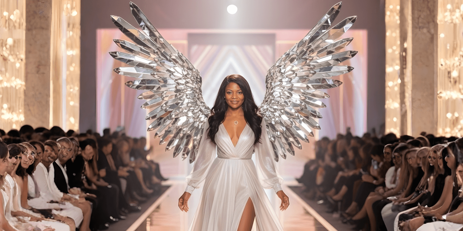 Model with large, crystal-like angel wings walking down a runway in a flowing white gown, surrounded by an audience.