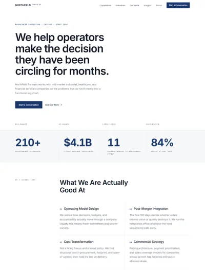 Management consulting website template preview with hairline grid layout
