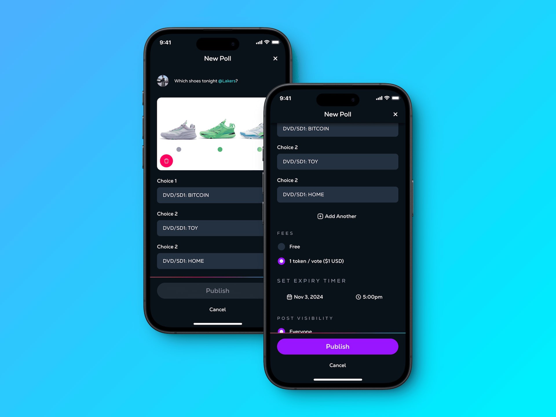 Poll creation flow in the Paid Polls UX Prototype for a blockchain social platform, illustrating multi-choice poll setup, fee configuration, expiration timing, and publish controls within the Calaxy mobile app.