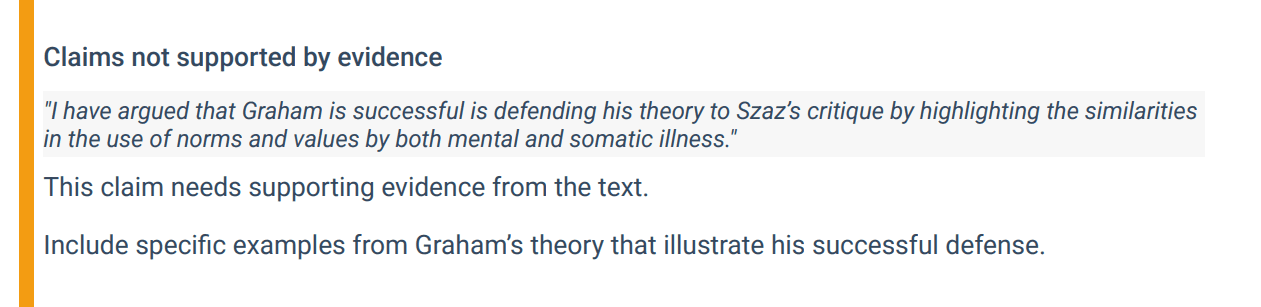 thesify flags a thesis claim lacking evidence, with guidance to add sources, a permitted formative use.