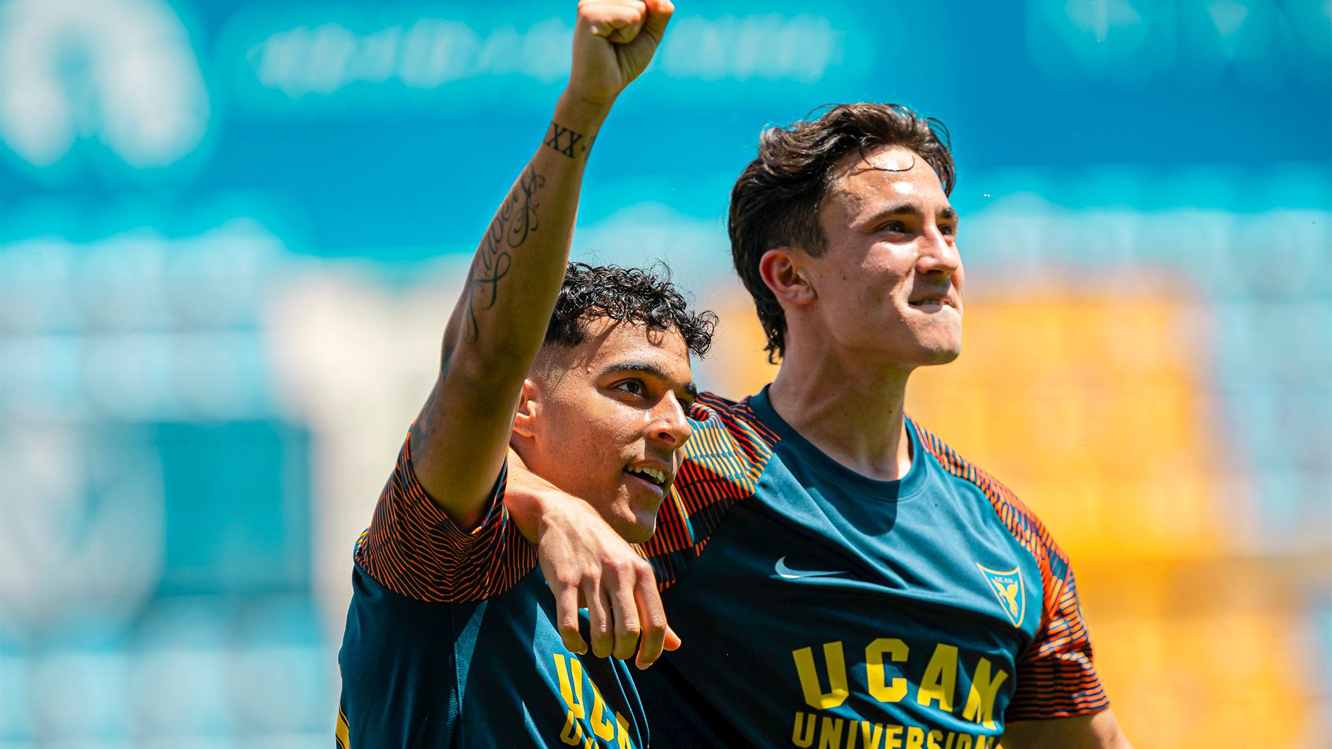 Players of the UCAM International Football Team celebrating a goal during a university match in Murcia | UCAM Catholic University of Murcia