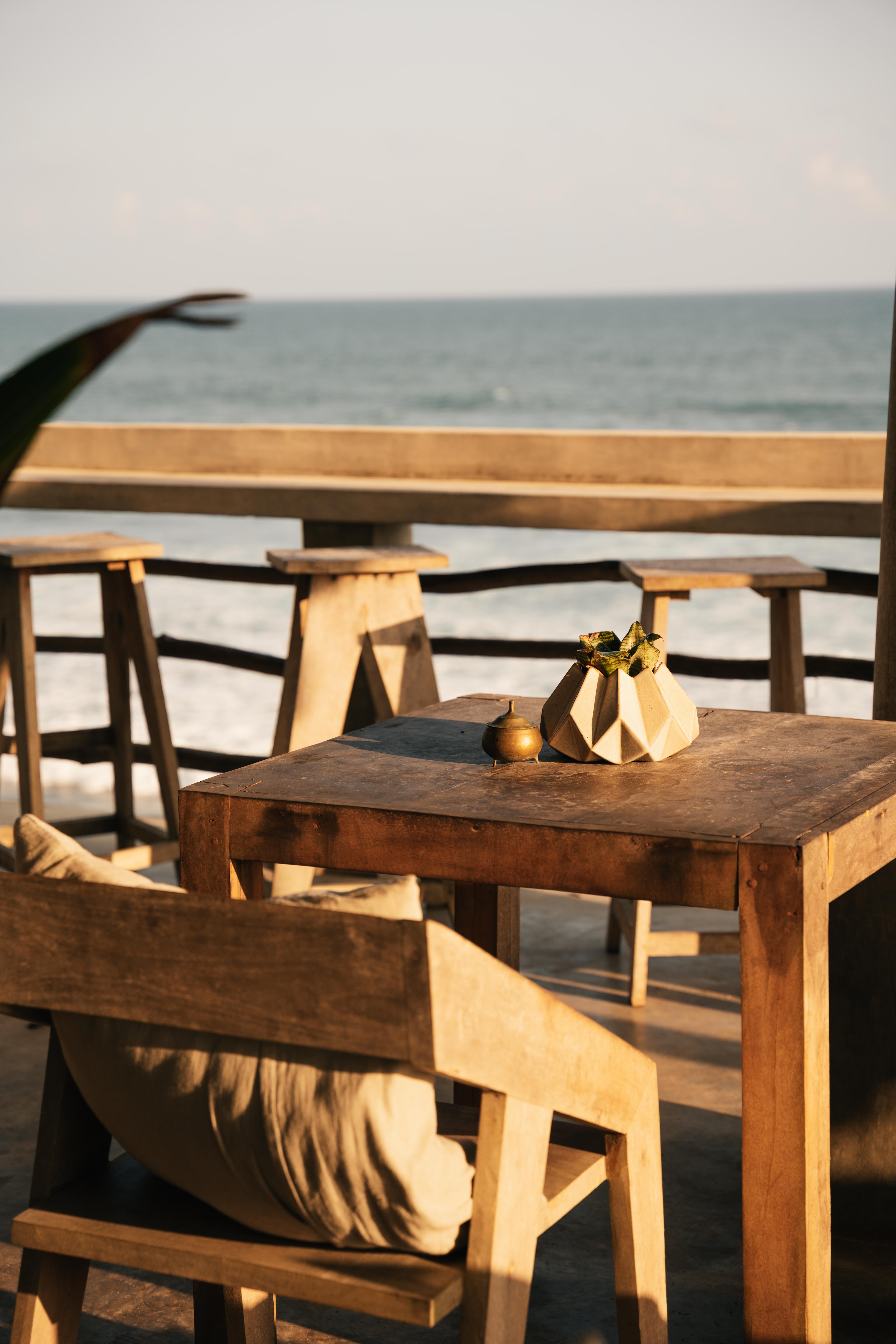 Rooftop terrace with desk at sunset
