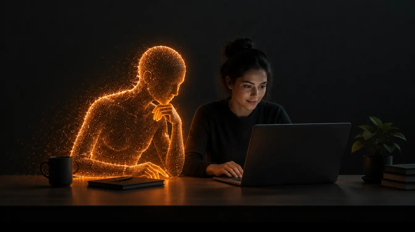 Glowing particle figure beside a person at a desk, representing an AI assistant helping with work
