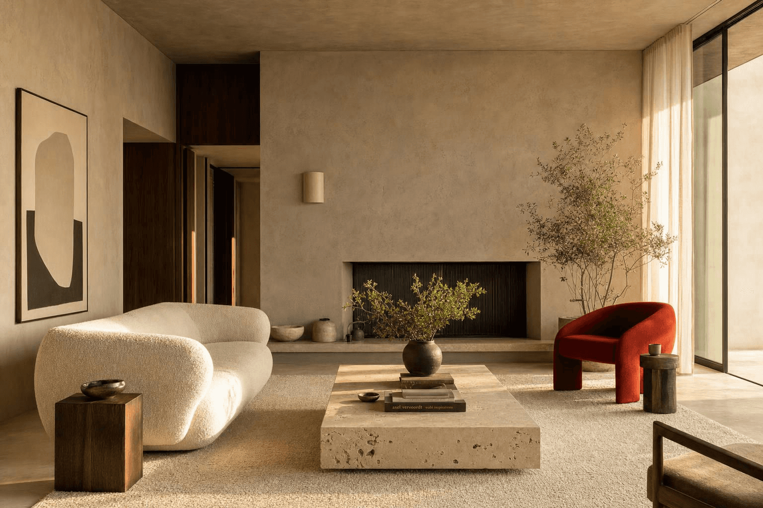 Living room with a cream textured sofa, stone coffee table, red armchair, large abstract art, potted plants, and neutral walls.", "Dining room with round wooden table, four cushioned chairs, large pendant light, sideboard, abstract art, and neutral-toned walls and curtains.