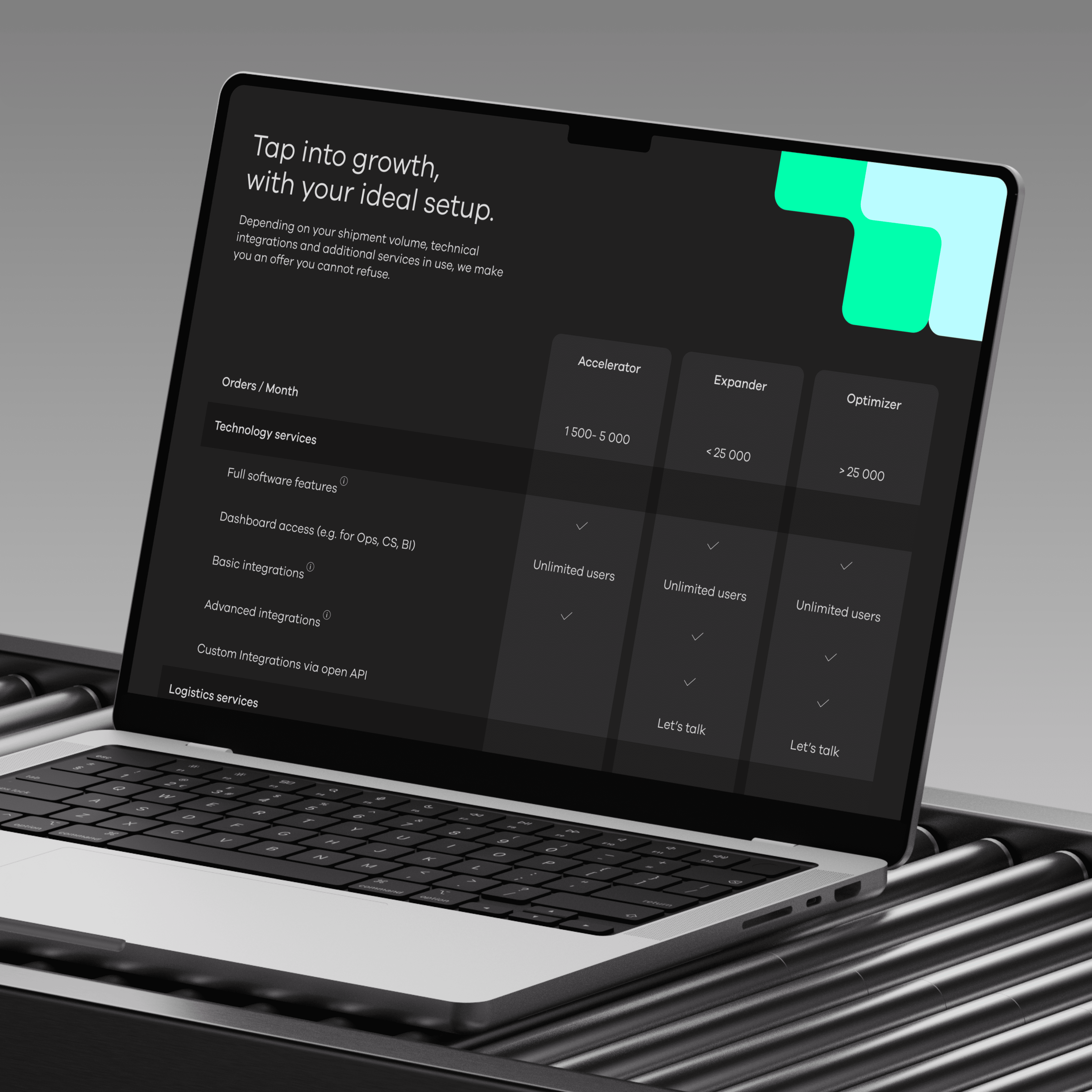 Everstox platform shown on a laptop in a dark studio setting, displaying a pricing or features comparison table
