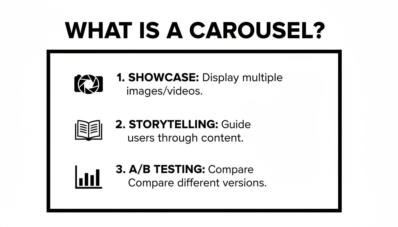 An infographic defining a carousel and its uses: showcasing media, storytelling, and A/B testing.