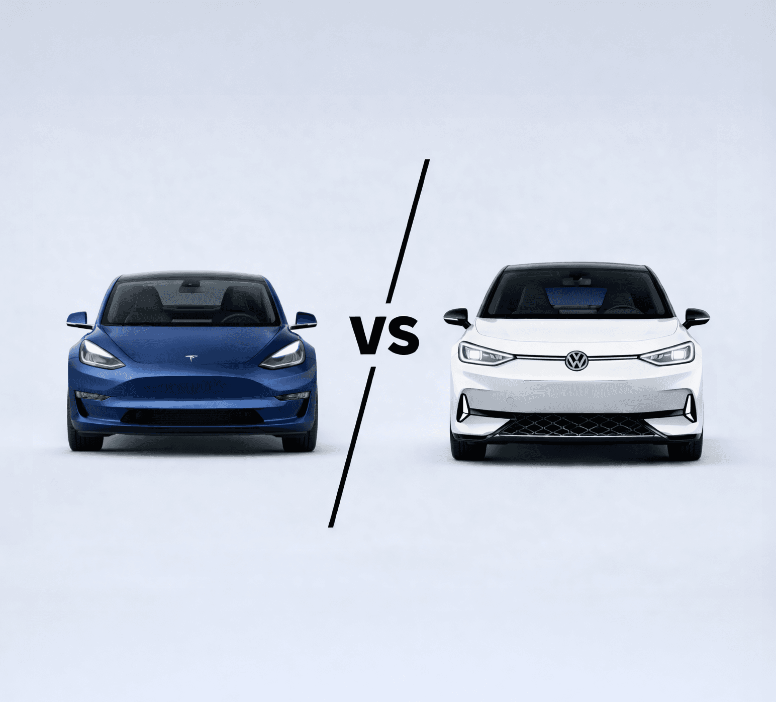 Tesla Model 3 face à la Volkswagen ID.3, comparaison visuelle de deux compactes électriques sur fond blanc