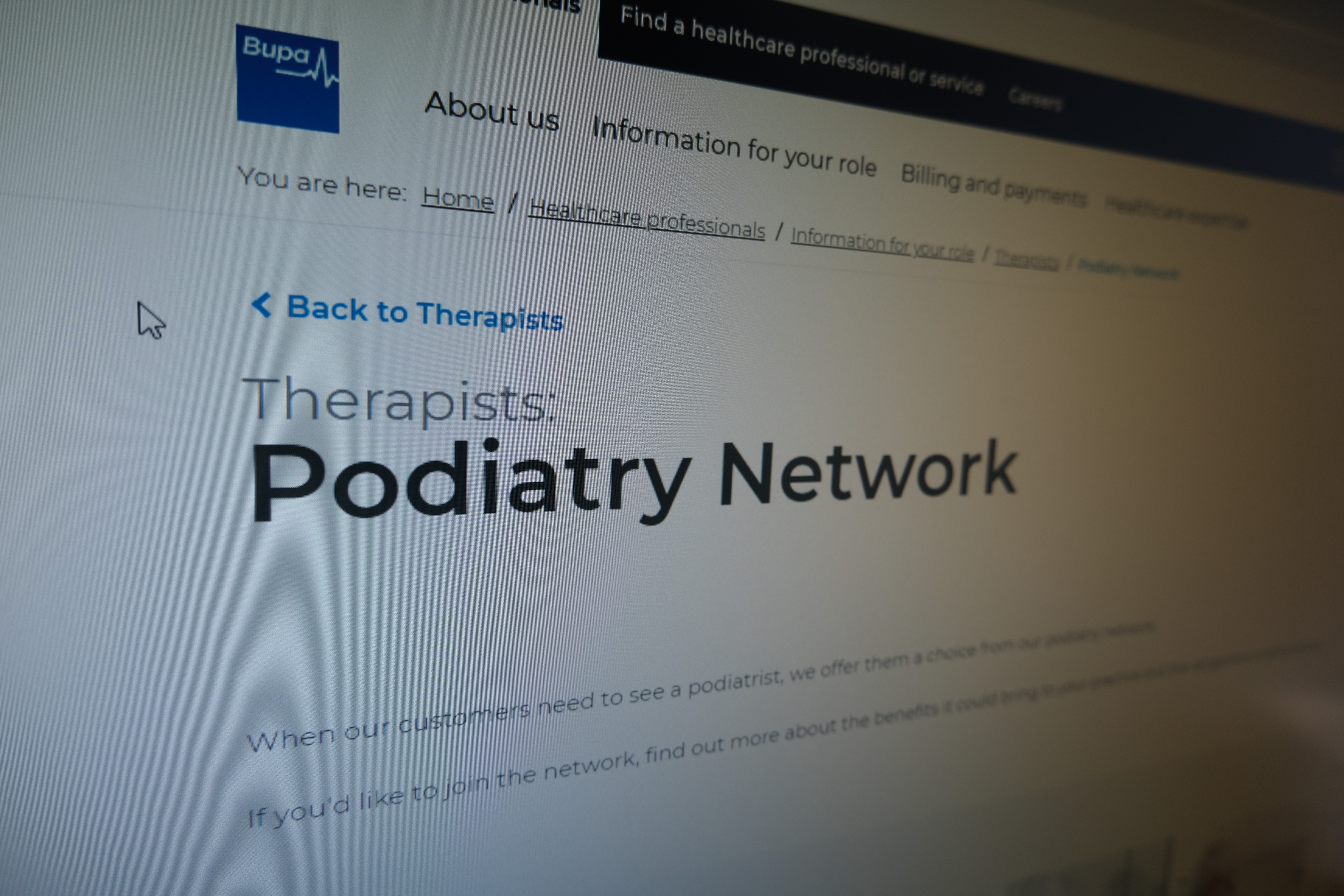 An image of the BUPA Podiatry Network web page.