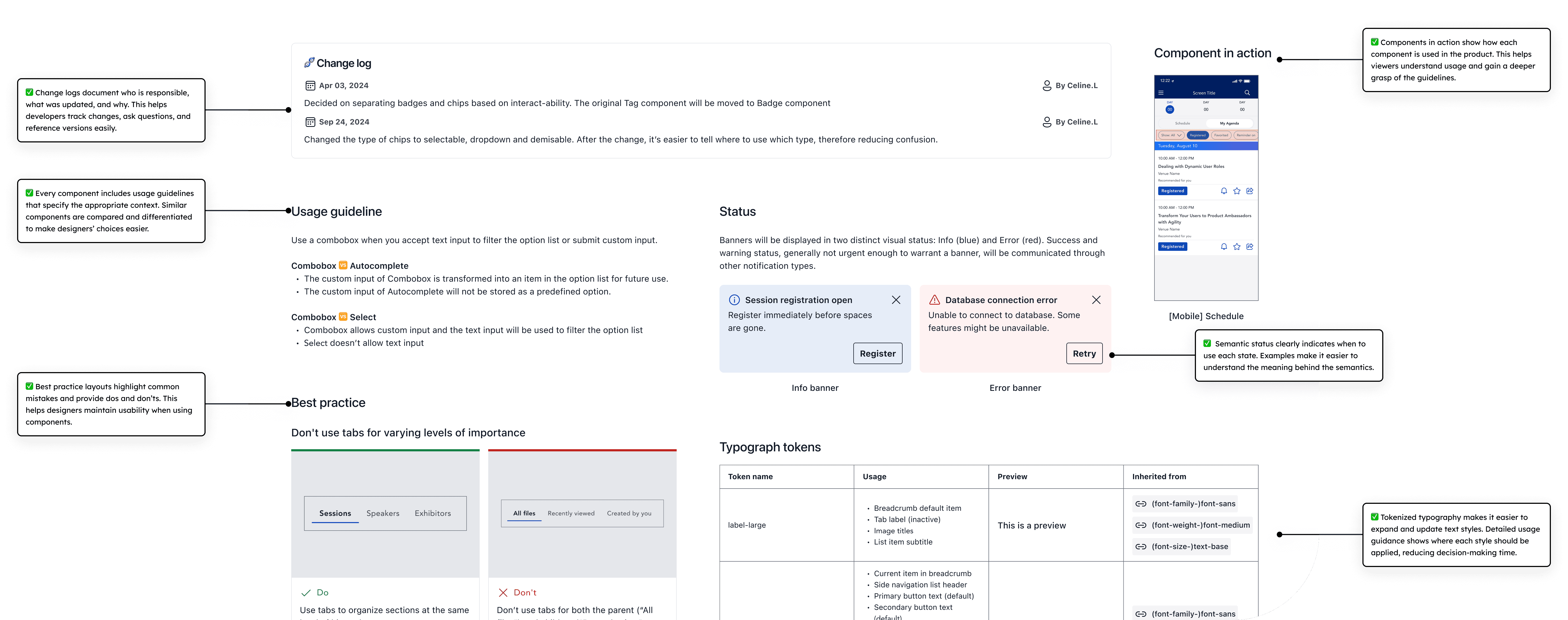 The "After" visual documents the improved design system with a change log, usage guidelines, and best practices.