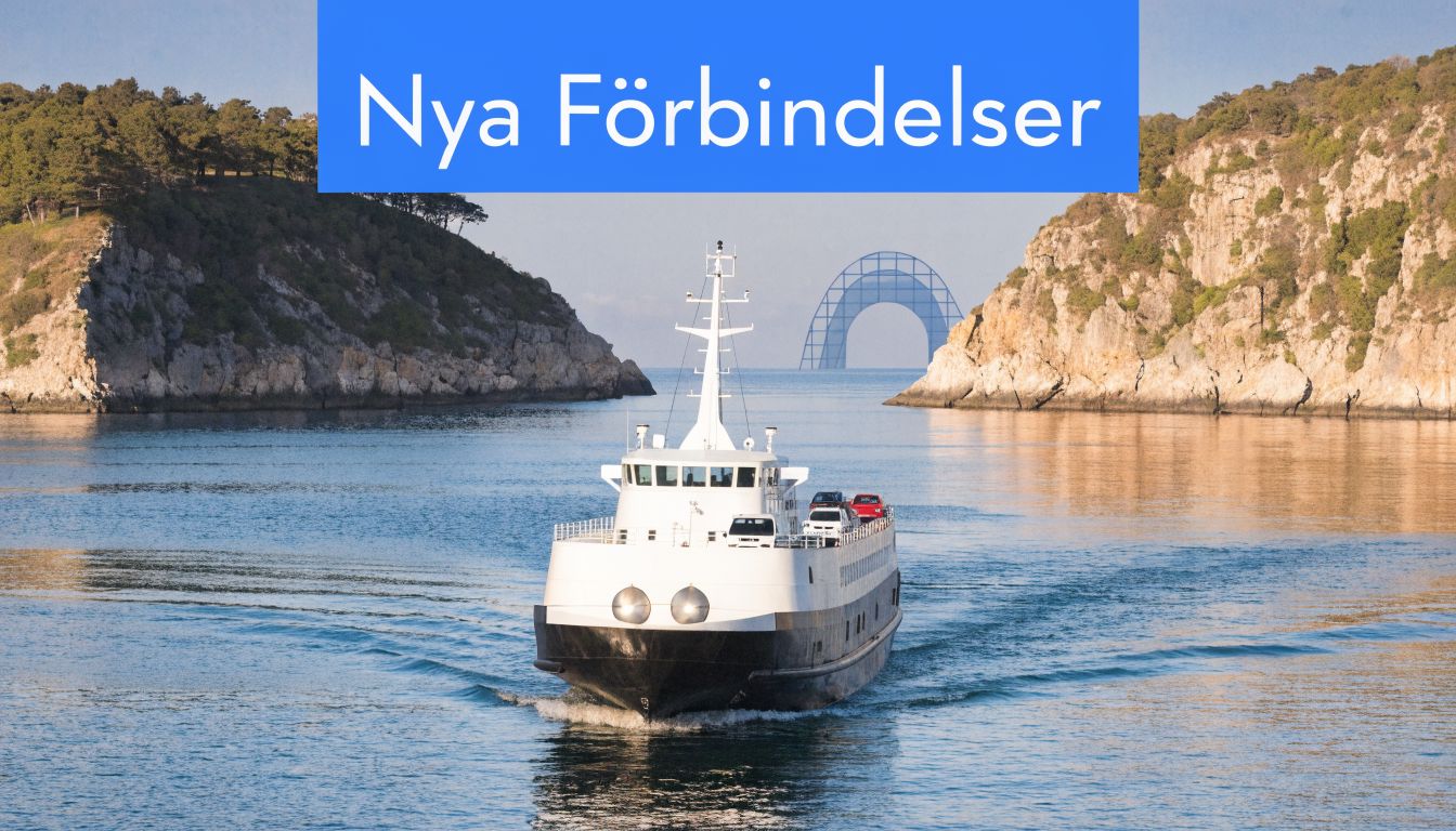 En färja navigerar genom ett smalt sund mot en futuristisk brokonstruktion på en solig dag.