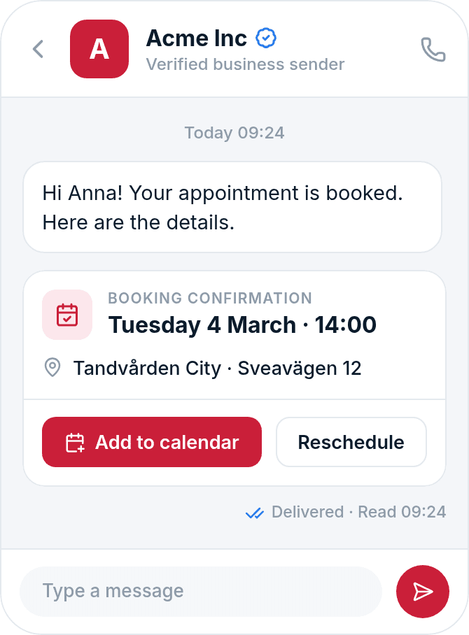 RCS conversation with a verified sender and a booking confirmation with reply buttons.