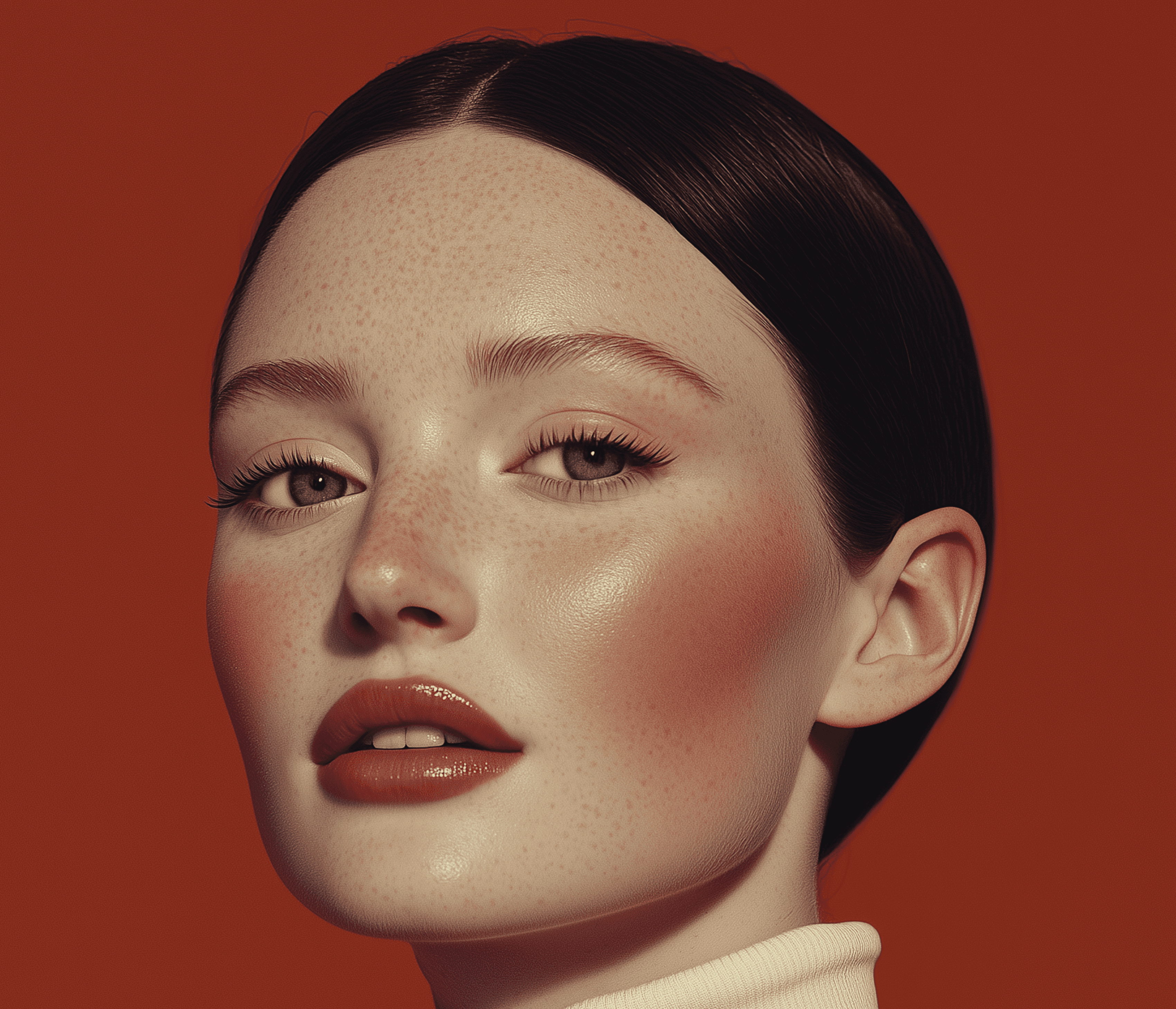 Close-up of freckled woman on orange backdrop.