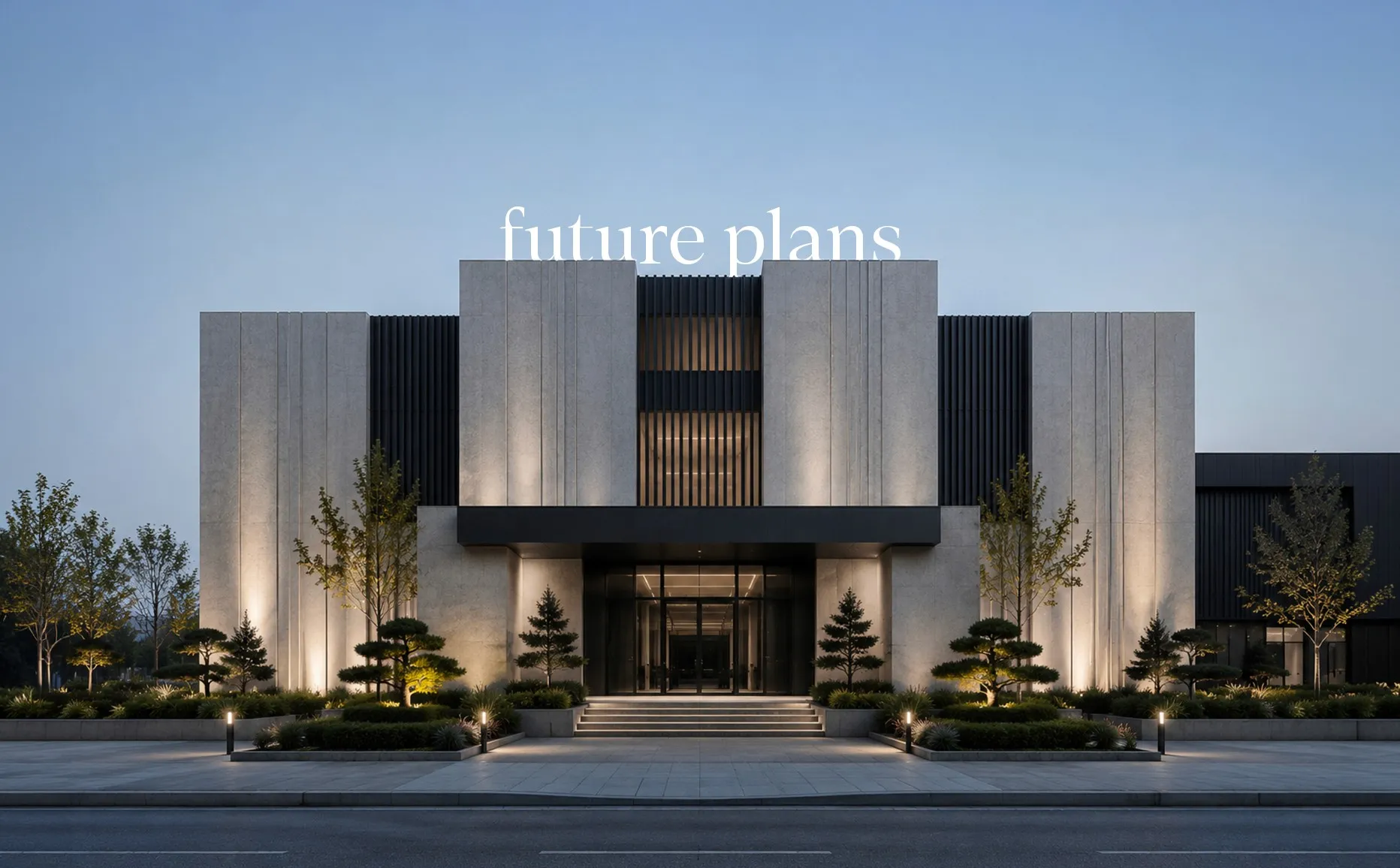 3D render of a modern building with a “future plans” text