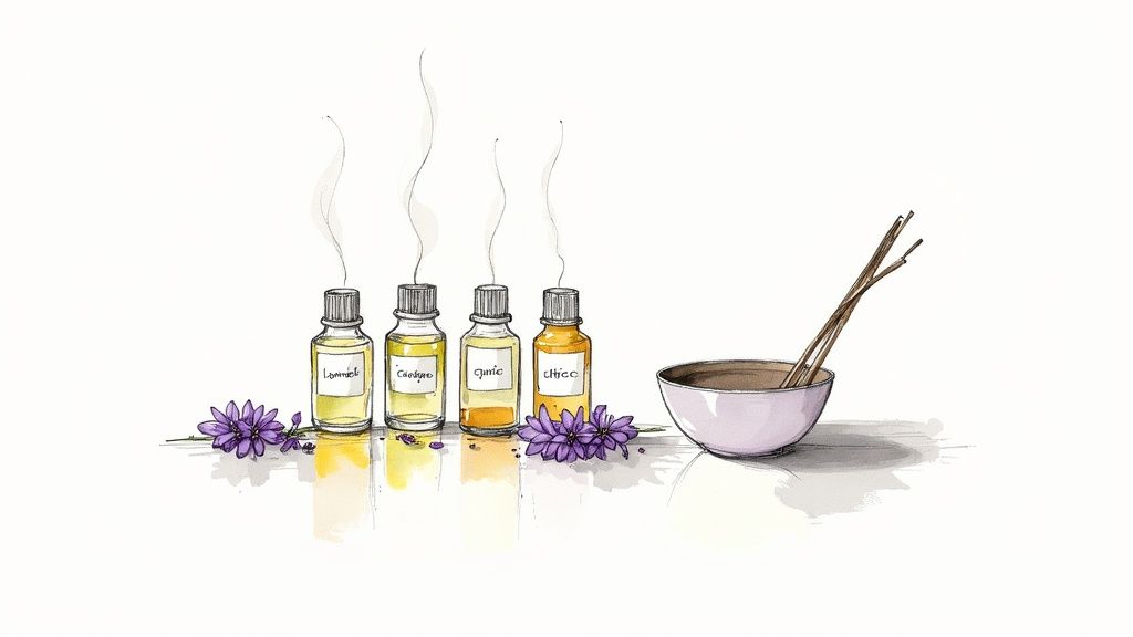 Cuatro botellas de aceites esenciales con vapor, flores moradas y un cuenco con varitas de incienso.