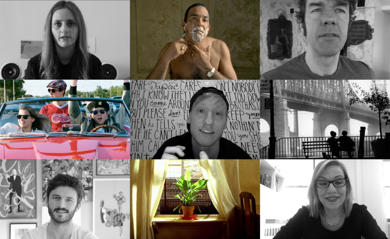 A collage of nine black and white photographs shows diverse scenes and individuals:</p>
<p>1. A woman with long hair looking directly at the camera.</p>
<p>2. A shirtless man with shaving cream on his face.</p>
<p>3. A man in a red car with sunglasses.</p>
<p>4. A man in a black t-shirt with text on his shirt.</p>
<p>5. A man in a black t-shirt with text on his shirt.</p>
<p>6. A man in a black t-shirt with text on his shirt.</p>
<p>7. A man in a black t-shirt with text on his shirt.</p>
<p>8. A man in a black t-shirt with text on his shirt.</p>
9. A woman with glasses and a black top looking directly at the camera.