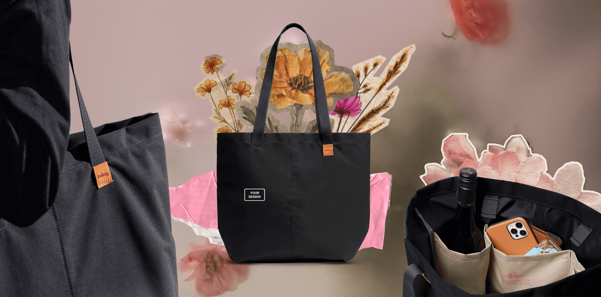 Black premium tote bag with custom logo area, shown with interior storage pockets holding everyday essentials.