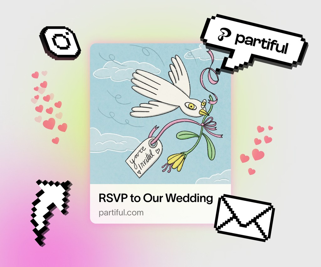 Party planning app feature showing a whimsical dove delivering an RSVP invitation link to simplify guest coordination.