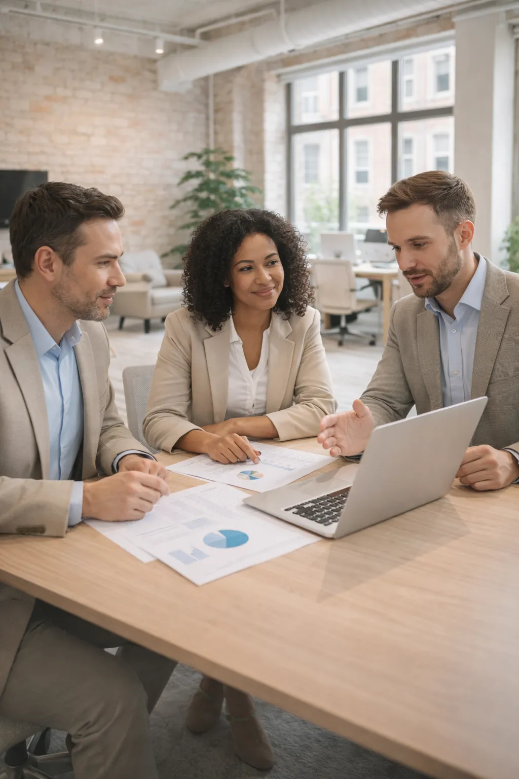 Équipe de consultants en stratégie opérationnelle analysant des données de performance sur ordinateur portable, illustrant l’accompagnement des PME dans la modernisation de leur organisation, l’optimisation des processus et le pilotage opérationnel orienté résultats.