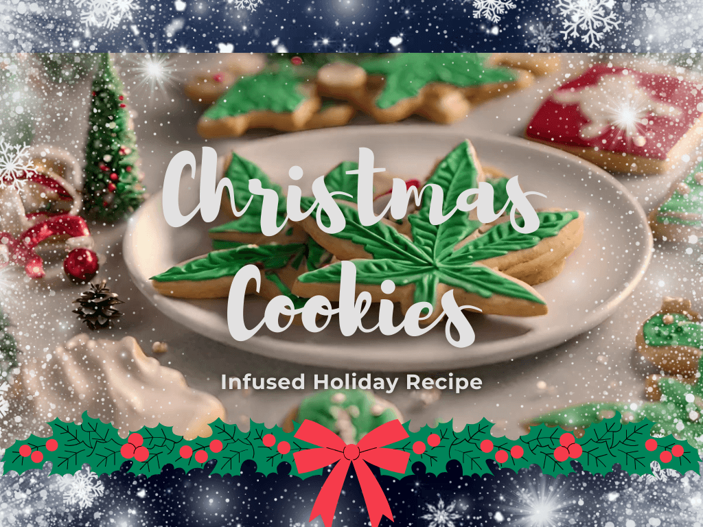 A plate of hemp leaf shaped cookies with green frosting. Text reads: Christmas Cookies - Infused Holiday Recipe