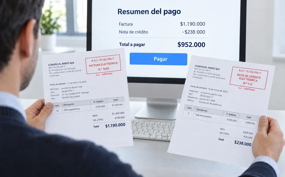 Factura de $1.190.000 ajustada con una nota de crédito de $238.000, con saldo por cobrar de $952.000.