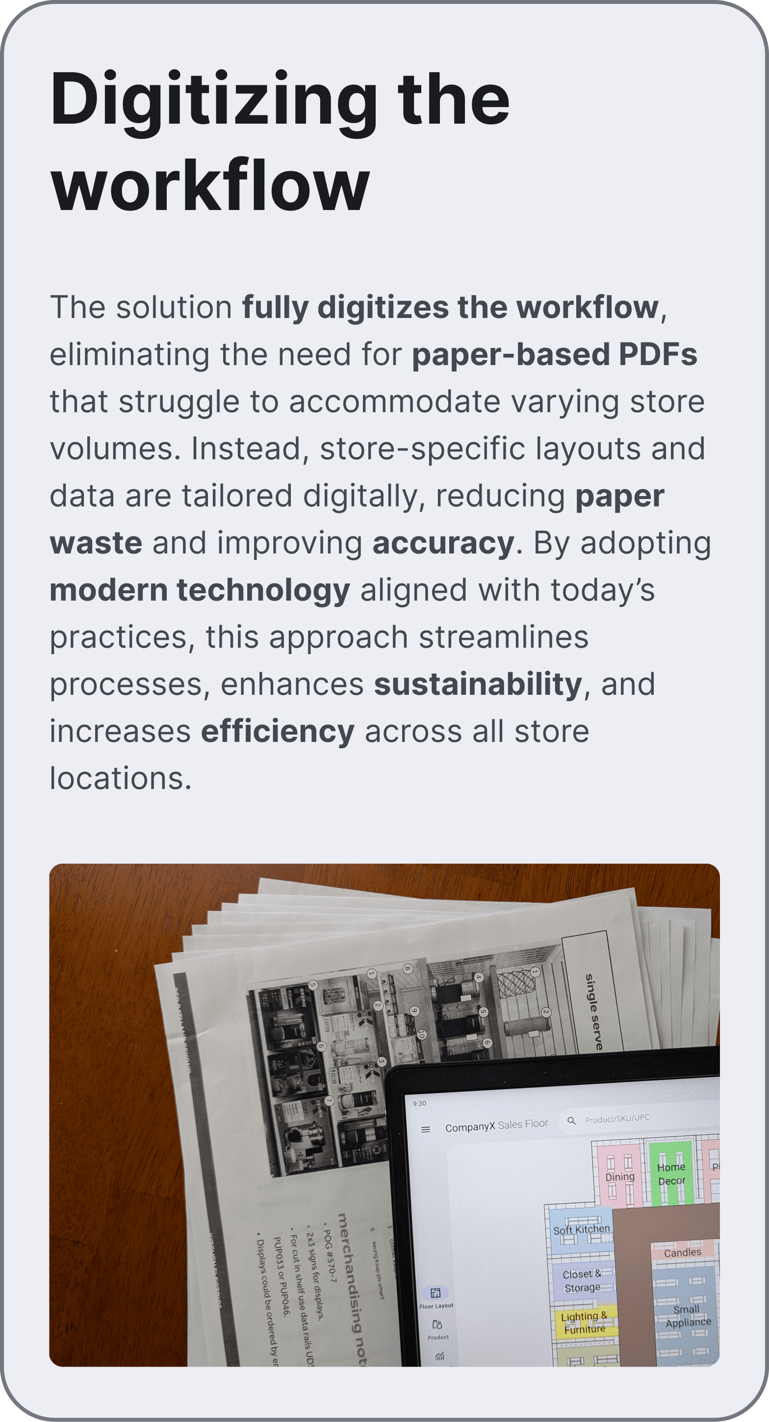 A tablet displaying a digital store floor plan layout resting on top of a stack of printed paper planograms to illustrate workflow digitization.