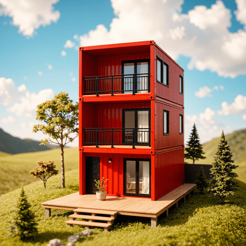 product photography of a model of a two-story shipping container house