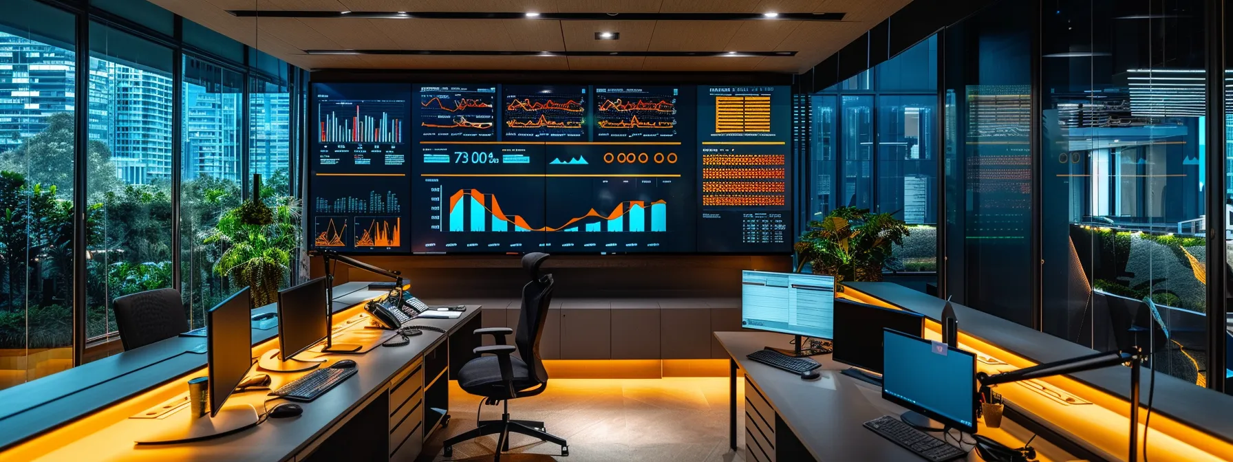 a sleek, modern office space features a vibrant digital dashboard displaying dynamic data analytics, with a backdrop of contemporary furniture and ambient lighting creating a focused and innovative atmosphere.