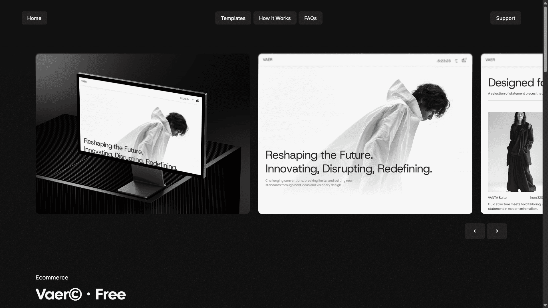 Product image carousel. On the left, a 3D monitor displays the “Vaer” template. On the right, a flat view of the template interface. Navigation arrows appear at the bottom right.