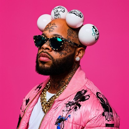 A stylish individual wearing unique sunglasses and a vibrant pink jacket stands confidently against a bright pink background, showcasing an alternative pop and hip hop fashion style that aligns with the spirit of independent musicians in Burlington, Vermont. by Burlington VT artist Charlie Mayne and Caleb Lodish.