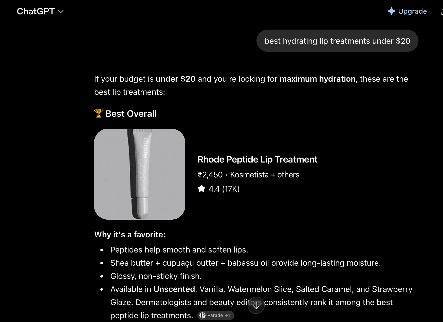 ChatGPT recommendation for Rhode Peptide Lip Treatment as the best hydrating lip balm.
