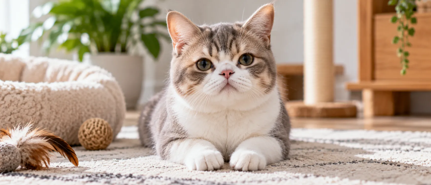 A Scottish Fold cat lying on a rug beside toys.