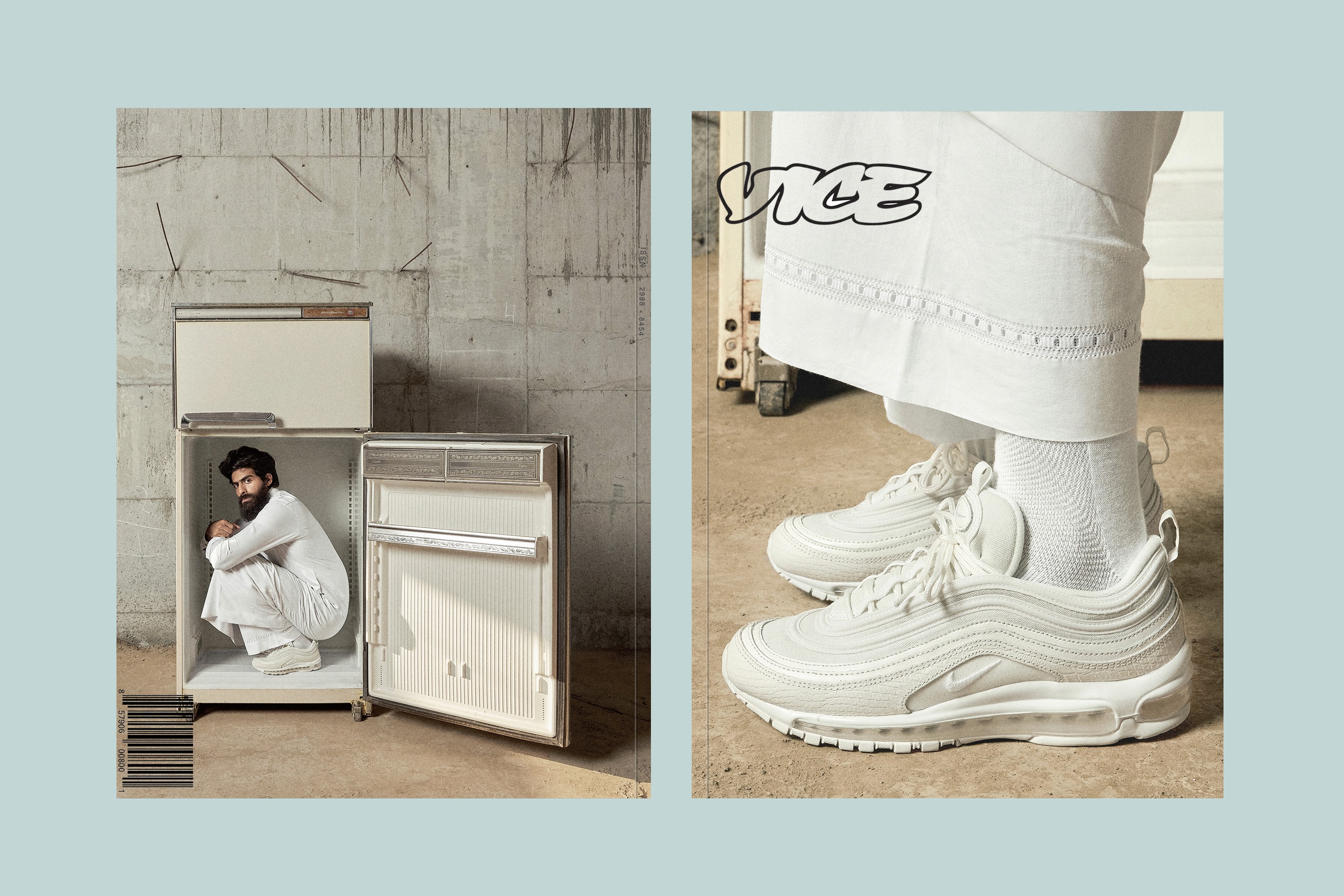 Man wearing a thobe and Air Max sneakers sitting inside a fridge, photographed by Nawawi Studio, highlighting the Nike x Vice collaboration "Summer of White" / Close-up of a Nike x Vice sneaker shot by Nawawi Studio, featuring cultural-inspired design elements. 