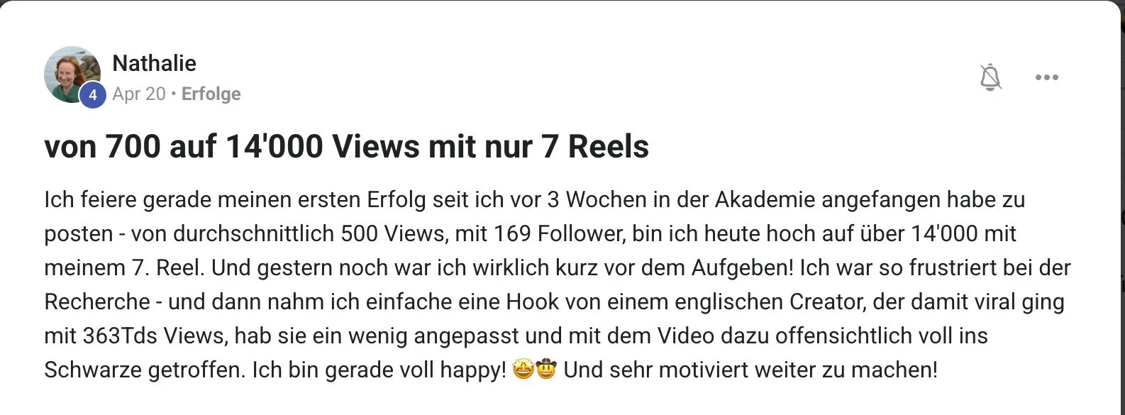 Erfahrungsbericht KI Creator Akademie: Nathalie steigert ihre Views mit dem siebten Reel auf 14.000