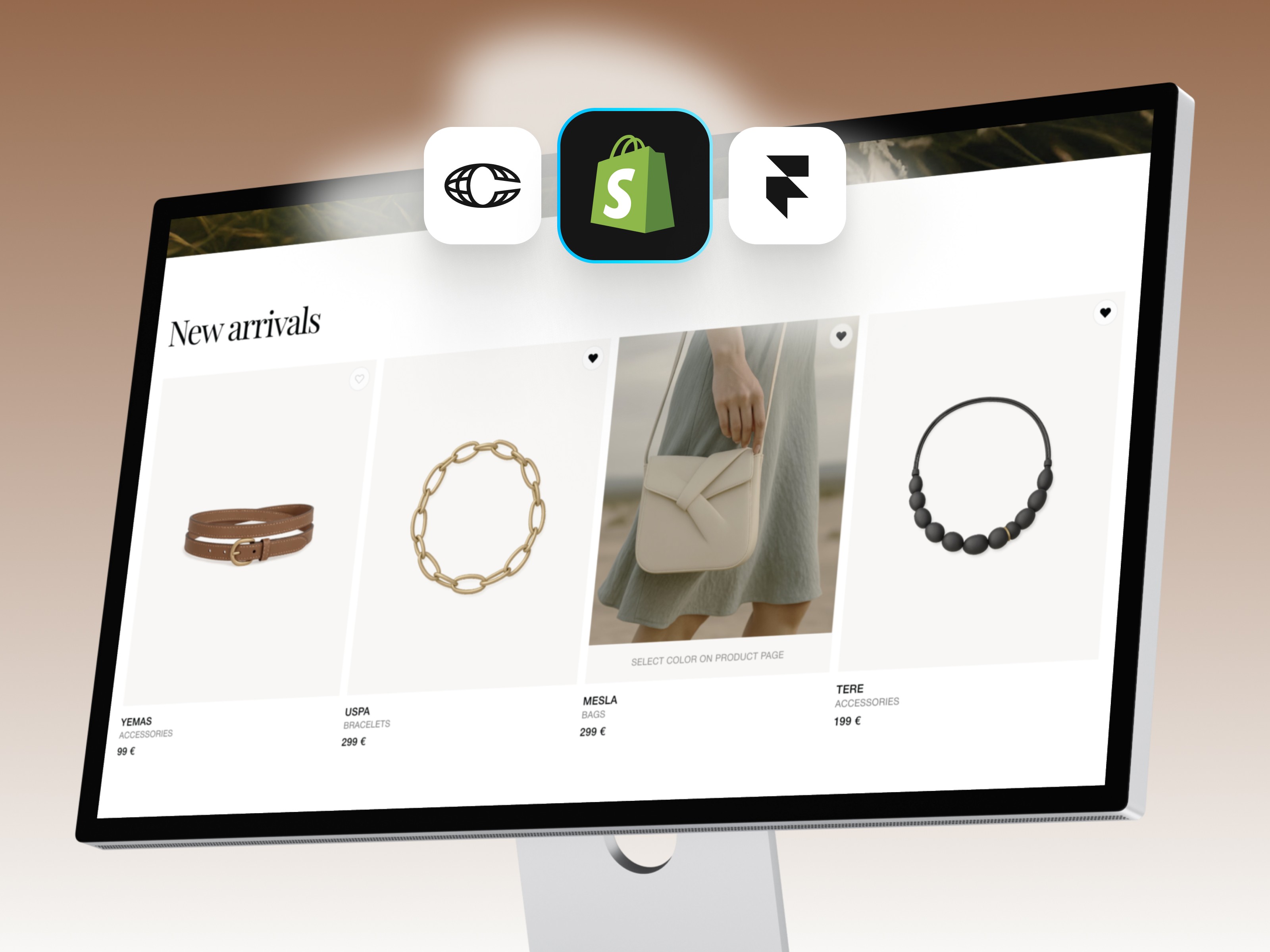 Editorial Framer eCommerce template for high-end fashion and jewelry brands, featuring Shopify and Framer integration icons.