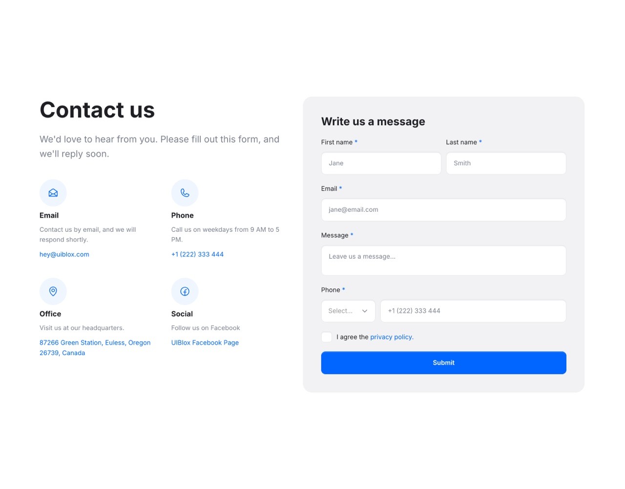 Framer Contact Section - Frameblox UI